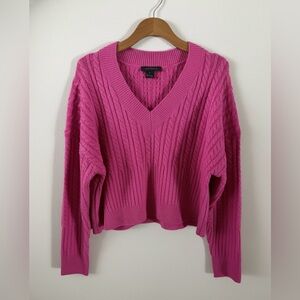 French Connection Hot Pink Oversized Cable Knit Cropped V-Neck Sweater Barbie